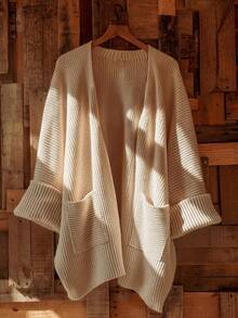 SHEIN Women's Solid Color Long Sleeve Loose Open Front Knit Cardigan - Apricot - View 6
