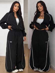 SHEIN PETITE CURVE Plus Size Women's Contrast Color Zipper Long Sleeve Top And Pants Casual Everyday 2 Pieces Set - Black - View 7
