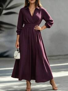 Weeklong Women's Plus Size Spring/Autumn Single Piece Lapel V-Neck Wrap Waist Flared Long Skirt High Cinched Waist Commuter Style Travel Shirt Dress Fall - Burgundy - View 4