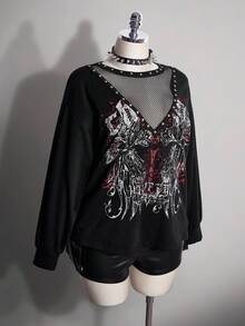 SHEIN ICON 大尺碼 Y2K 哥德風優雅復古龐克印花網布拼接鉚釘休閒衛衣，黑色，適合萬聖節、秋季、夜店派對 - 黑色 - 查看 5