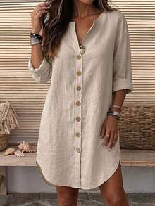 Linhara CURVE 2026 New All-Season Long Sleeve Plus Size Woven Casual Cardigan Shirt Dress Fall - Khaki - View 5