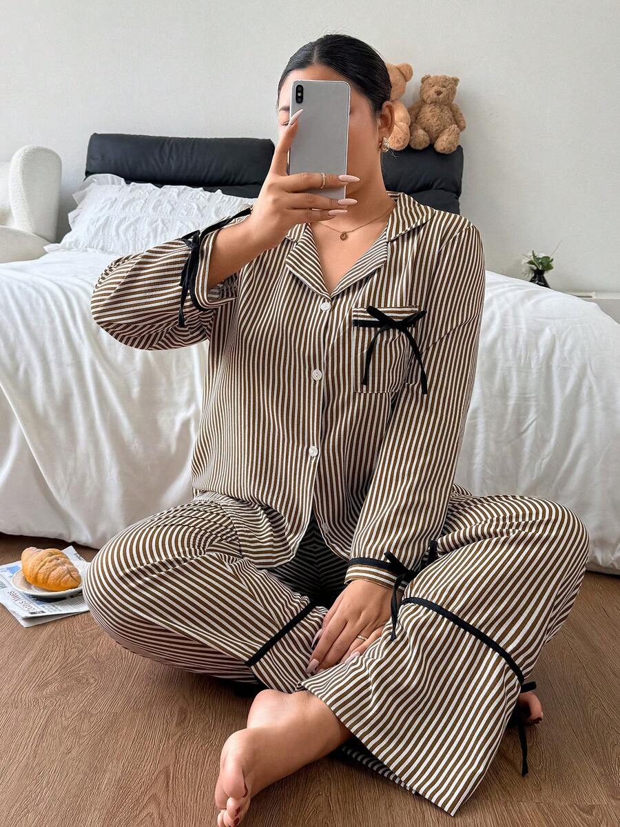Napfluff CURVE Napfluff CURVE Sweet Striped Collared Plus Size Pajama Set, Bow Tie Cuffs And Hem Comfortable 2 Pieces Set - Multicolor - View 1