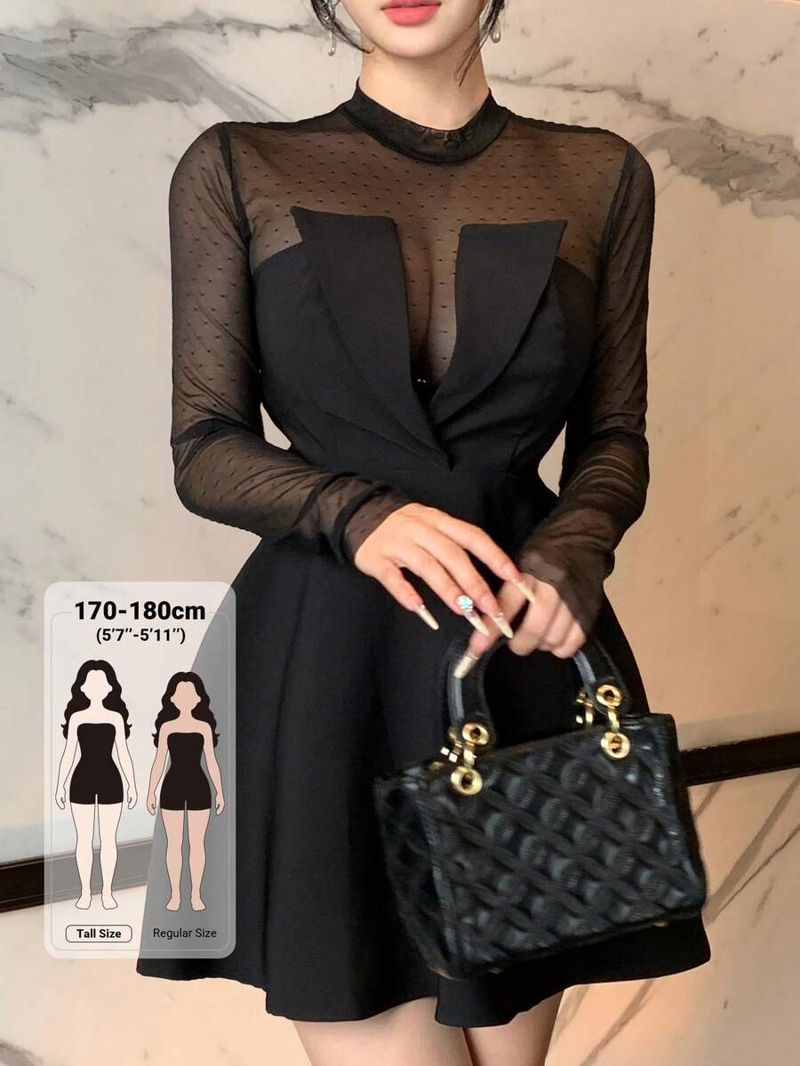 Dazy Tall Women's Round Neck Mesh Patchwork Waist-Cinched Elegant Short Dress Fall - Black - View 1