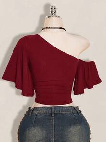 SHEIN ICON 女款素色不對稱領休閒百搭日常穿搭上衣 - 酒紅色 - 查看 2