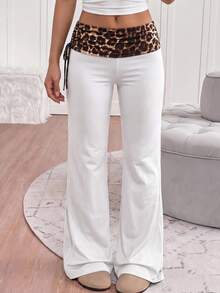 Tween Girls Tween Girl Pants Street Style Versatile Vintage Side Drawstring Y2K Patchwork Leopard Print Flare Leg Pants - White - View 1