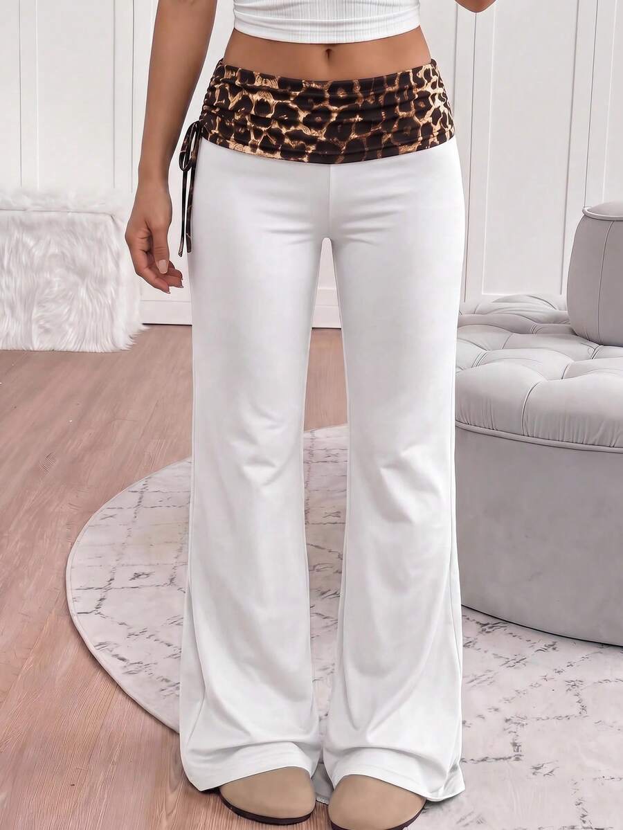 Tween Girls Tween Girl Pants Street Style Versatile Vintage Side Drawstring Y2K Patchwork Leopard Print Flare Leg Pants - White - View 1