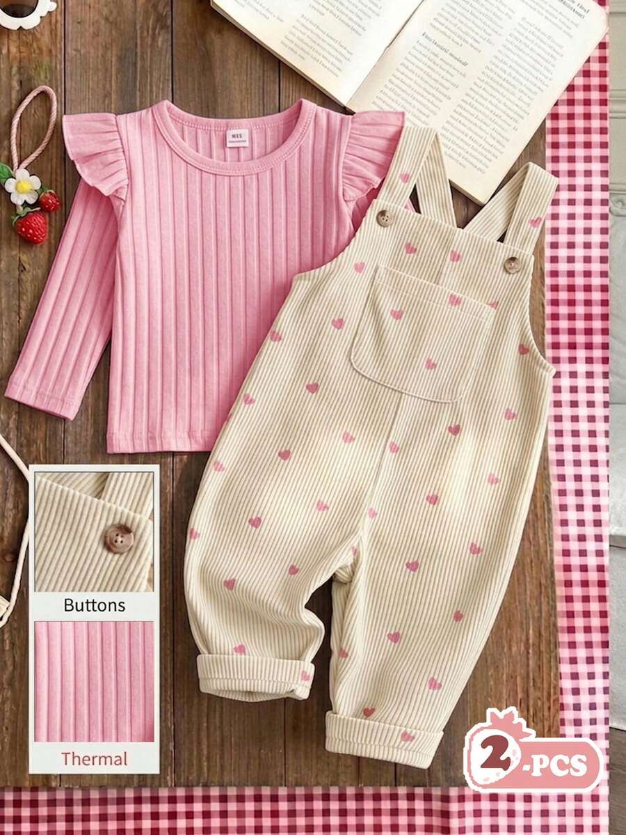 SHEIN Vintaside Kids 女嬰燈芯絨吊帶褲套裝,加厚保暖愛心刺繡吊帶褲 + 保暖磨毛針織內搭,2件套,新款可愛女嬰服飾 - 杏色 - 查看 1
