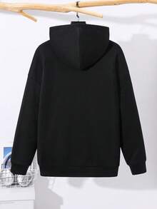 SHEIN 青少年男孩休閒極簡卡通圖案落肩衛衣，冬季圖案返校款 - 黑色 - 查看 2