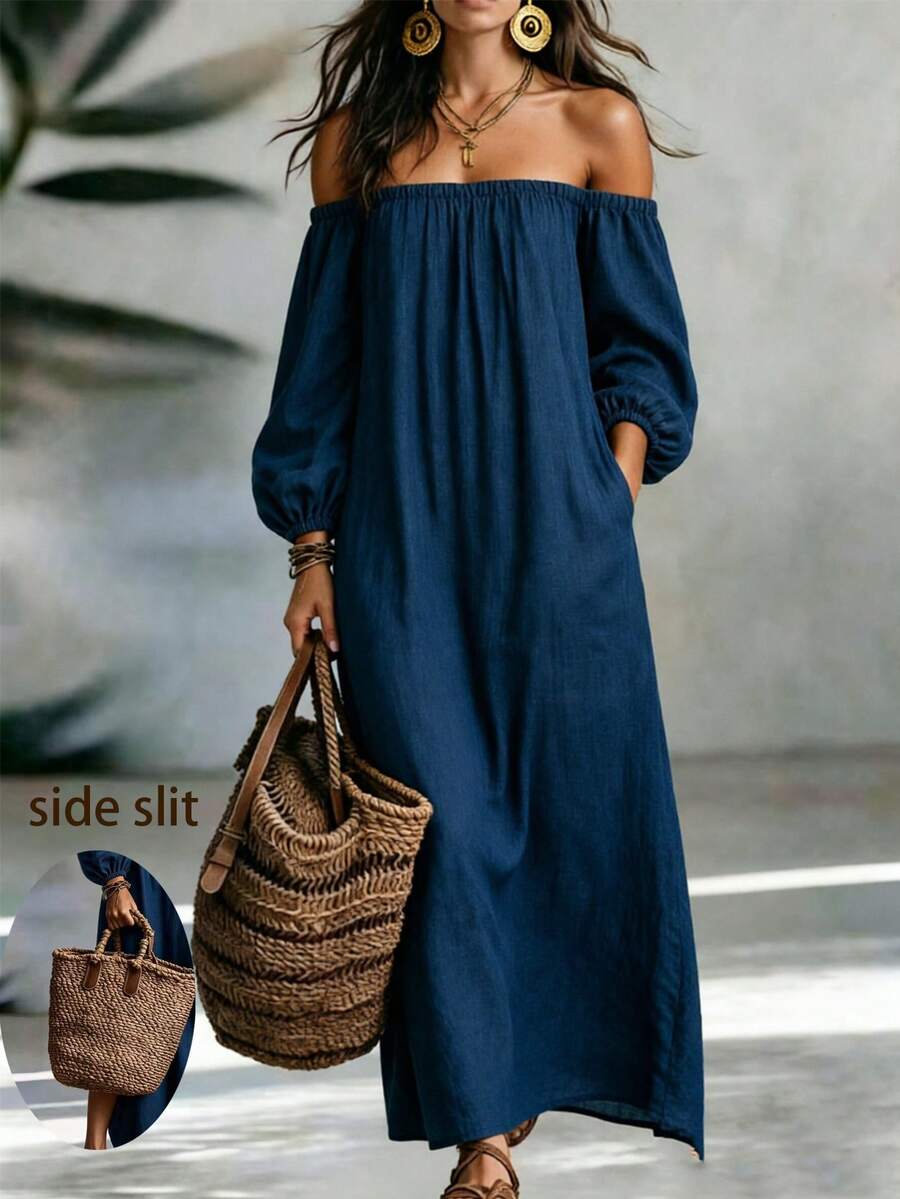 LUMIGAL Women's Solid Color Off-Shoulder Lantern Sleeve Pocket Loose Long Dress - Navy Blue - View 1