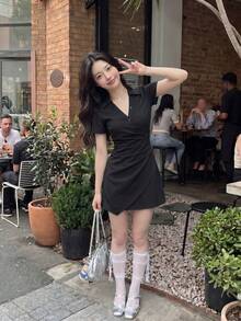 Skyraze Women's Black Elegant French V Neck Mini Dress, Short Sleeve Lapel Collar Ruched Overlap Button Front Summer Brunch Birthday High Tea Party Outfits - Black - View 3