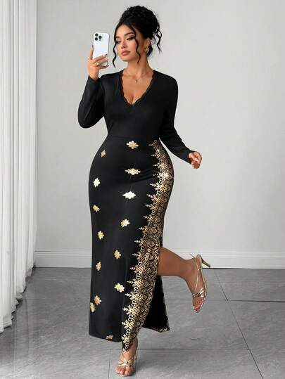 Elenzga Plus Size Knit Women's Elegant Fashion Sexy Black Lace Patchwork Deep V-Neck Long Sleeve Fitted Bodycon Heavy Craftsmanship Gold Foil Placement Floral High Slit Mermaid Long Dress