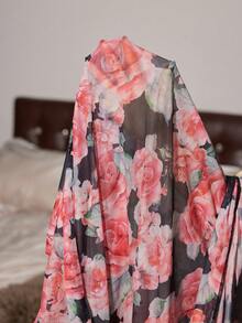 Slumberist Sexy Fashionable Large Floral Print Elegant Tie-Up Long Robe - Hot Pink - View 8