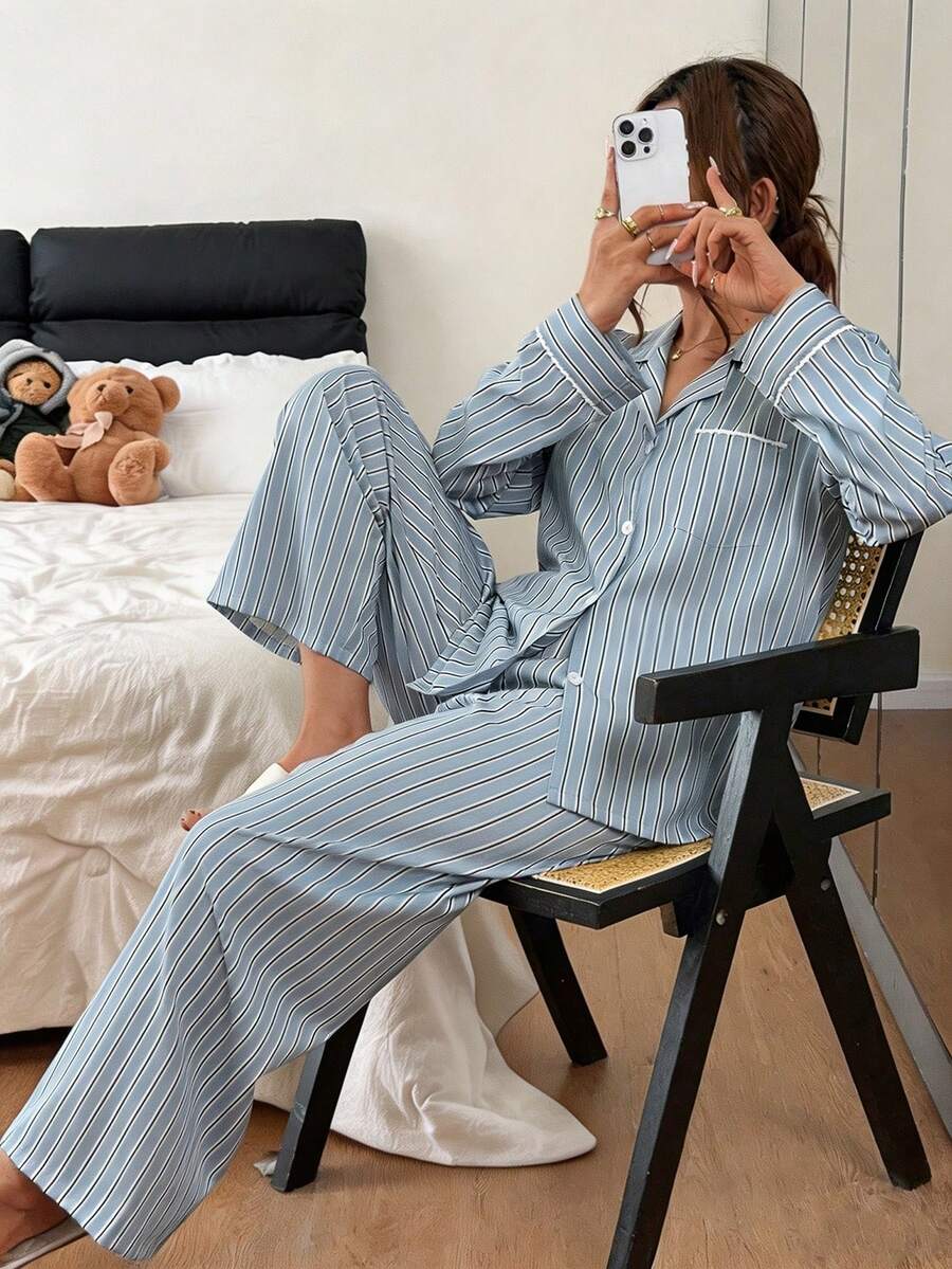 Napfluff Fresh Blue & White Fine Striped Lace Trim Collar Long Sleeve Pants Loungewear Set - Dusty Blue - View 1