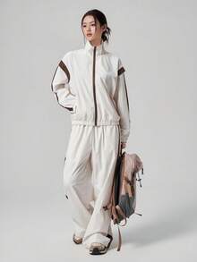 DAZY Spring/Autumn Korean Style Stand Collar Long Sleeve Color Block Striped Patchwork Motorcycle Jacket Straight Leg Pants Outdoor Casual Streetwear Women's Sports Set - Beige - View 1
