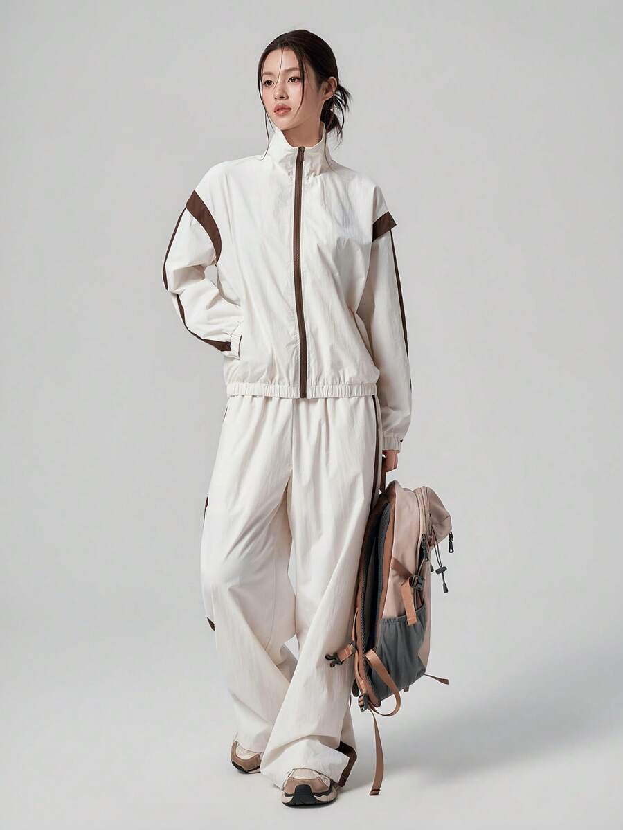 DAZY Spring/Autumn Korean Style Stand Collar Long Sleeve Color Block Striped Patchwork Motorcycle Jacket Straight Leg Pants Outdoor Casual Streetwear Women's Sports Set - Beige - View 1