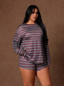 Rustia Summer New Round Neck Striped Loose Casual Long Sleeve T-Shirt And Drawstring Shorts Set Plus Size 2-Piece Fall - Multicolor - View 1