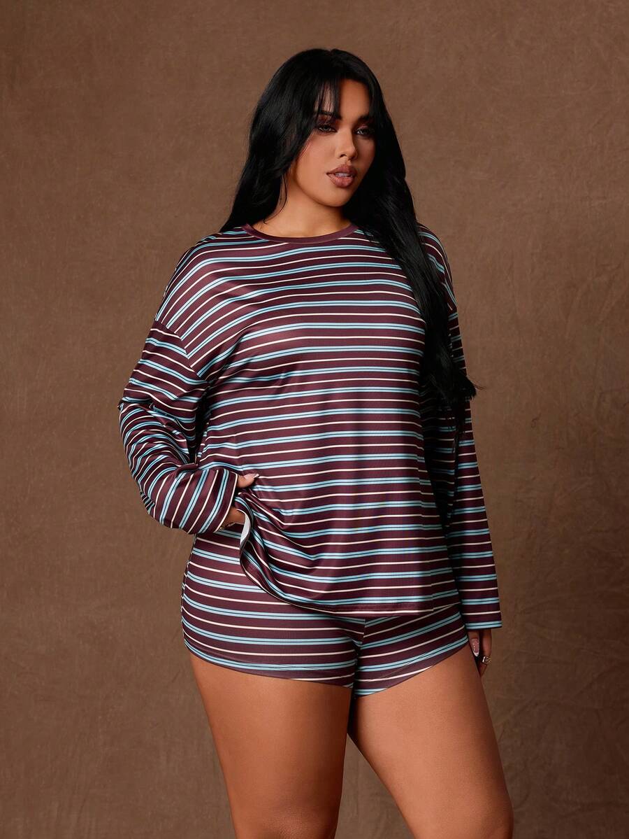 Rustia Summer New Round Neck Striped Loose Casual Long Sleeve T-Shirt And Drawstring Shorts Set Plus Size 2-Piece Fall - Multicolor - View 1