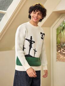 Whitmere ANDREILEE Sweater Pullover Pria Kasual Longgar Warna Polos dengan Pola Angka & Huruf Inggris, Serbaguna untuk Berpergian, Musim Gugur/Dingin - Aprikot - View 4