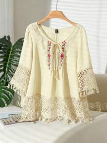 CosyJoli Plus Size Women Floral Print Contrast Lace Front Tie Casual Shirt,Slightly Sheer,Going Out Tops Spring To Summer Fall - Apricot - View 1