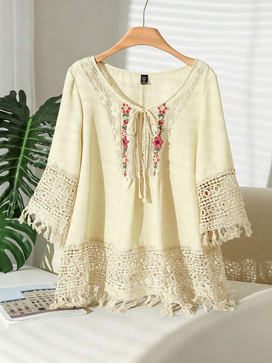 CosyJoli Plus Size Women Floral Print Contrast Lace Front Tie Casual Shirt,Slightly Sheer,Going Out Tops Spring To Summer Fall - Apricot - View 1