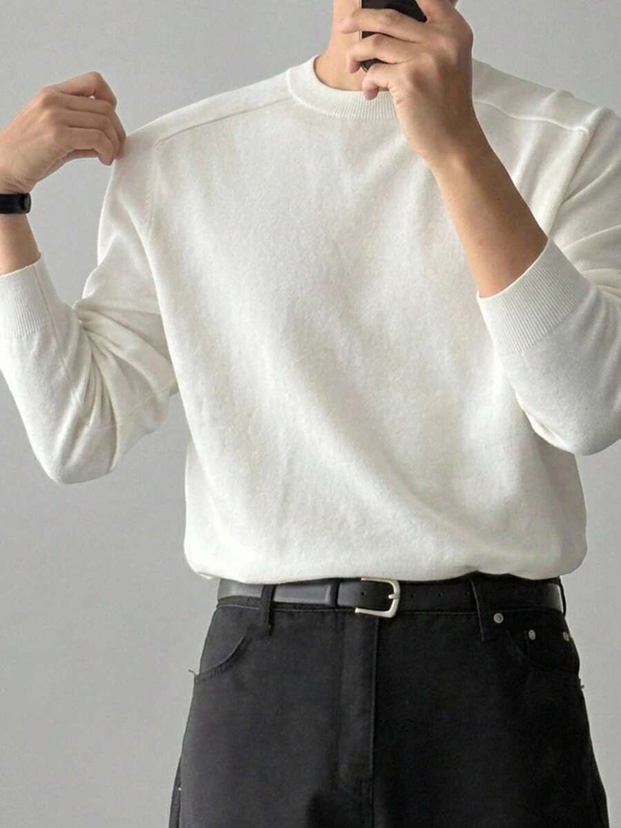 DAZY Spring/Autumn White Long Sleeve Ribbed Hem And Cuffs Solid Color Commuter Men's Sweater - White - View 1
