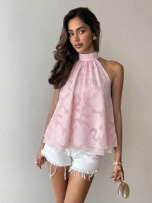 Aloruh Women's Elegant Shiny Pink Backless Top - Pink - View 4