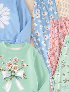 SHEIN 1套隨機Souflis盲盒套裝，少女長袖圓領上衣與緊身褲套裝，花卉與蝴蝶結元素，秋冬款，可愛穿搭 - 彩色 - 查看 4