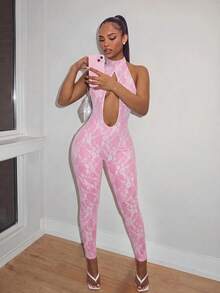 Amplova Women's Lace Cutout Design Sexy Halter Neck Jumpsuit - Pink - View 1