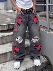 GALLERY FADE Men's Gothic Red Rose Embroidery Distressed Wide Leg Jeans, Y2K Punk Vintage Denim Pants - Light Grey - View 6