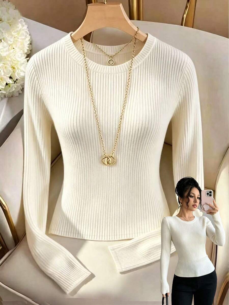 Rafferiza 女款素色圓領長袖休閒羅紋T恤 - 杏色 - 查看 1