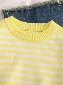 SHEIN 兒童黃色條紋針織毛衣，柔軟舒適套頭衫，休閒圓領長袖上衣，適合男孩女孩，日常穿著，秋冬季 - 黃色 - 查看 3