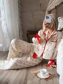 CottageSlumber Red And White Checkered Cherry Print Pajama Set, Sweet Tie Bow Cuffs Ruffle Hem Long Pants Loungewear 2 Pieces Set Sleep Autumn Cute Kawaii - Multicolor - View 4