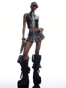LYSMO Women's Eyelet Strap PU Leather Cropped Fashion Vest - Black - View 7