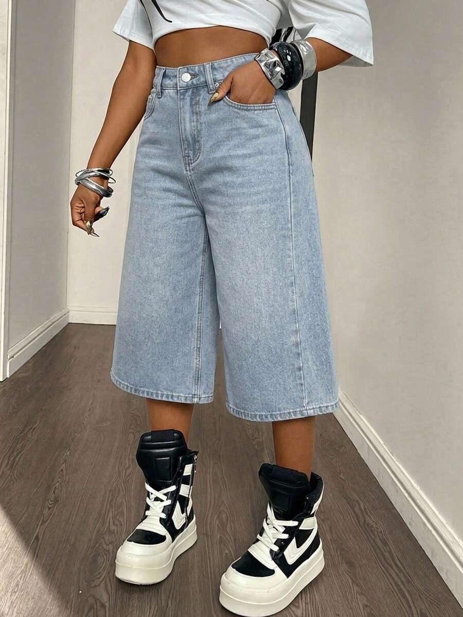 DAZY High Waist Loose Light Blue Washed Solid Color Wide Leg Knee Length Denim Casual Shorts For Women School Summer Y2K - Blue - View 1