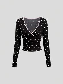 Sweetra Women's New Spring Summer Autumn Winter Black Polka Dot Fabric Colorblock Patchwork Design Bow Decor Cute 2 Pieces Set Suitable For Outings Shopping Dining - Black and White - View 9