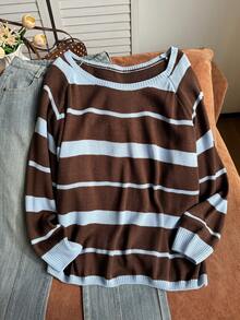 Comfortcana Suéter de punto de talla grande con bloques de color, rayas retro y hombro asimétrico para otoño/invierno - Multicolor - Ver 4