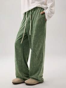 Vaulklash Men's Solid Color Elastic Waist Drawstring Casual Green Retro Sweatpants, Fashion & Versatile Cotton - Green - View 5