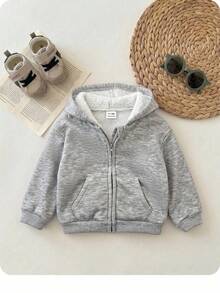 SHEIN 嬰兒女童/男童連帽拉鍊厚款複合抓絨內裡開襟外套，適合冬季 - 灰色 - 查看 4