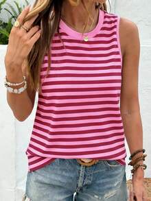 EMERY ROSE Blusa de mujer con cuello redondo, estampado de bloques de color y rayas, cómoda y casual, adecuada para uso diario en verano - Rosa Fucsia - Ver 3