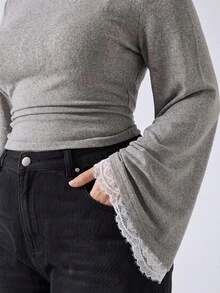 LYSMO Kaos Ukuran Besar Gaya Korea Modis dengan Hiasan Renda dan Lipatan di Pinggang, Cocok untuk Musim Gugur, Formal, Kasual, Lembut, Nyaman, Pakaian Rumah, Kencan Malam, Kantor, Abu-abu Elegan - Light Grey - View 7