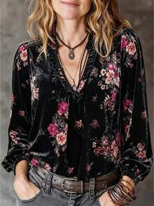 Linhara CURVE Plus Size Lady's Velvet Casual Printed Shirt - Black - View 1
