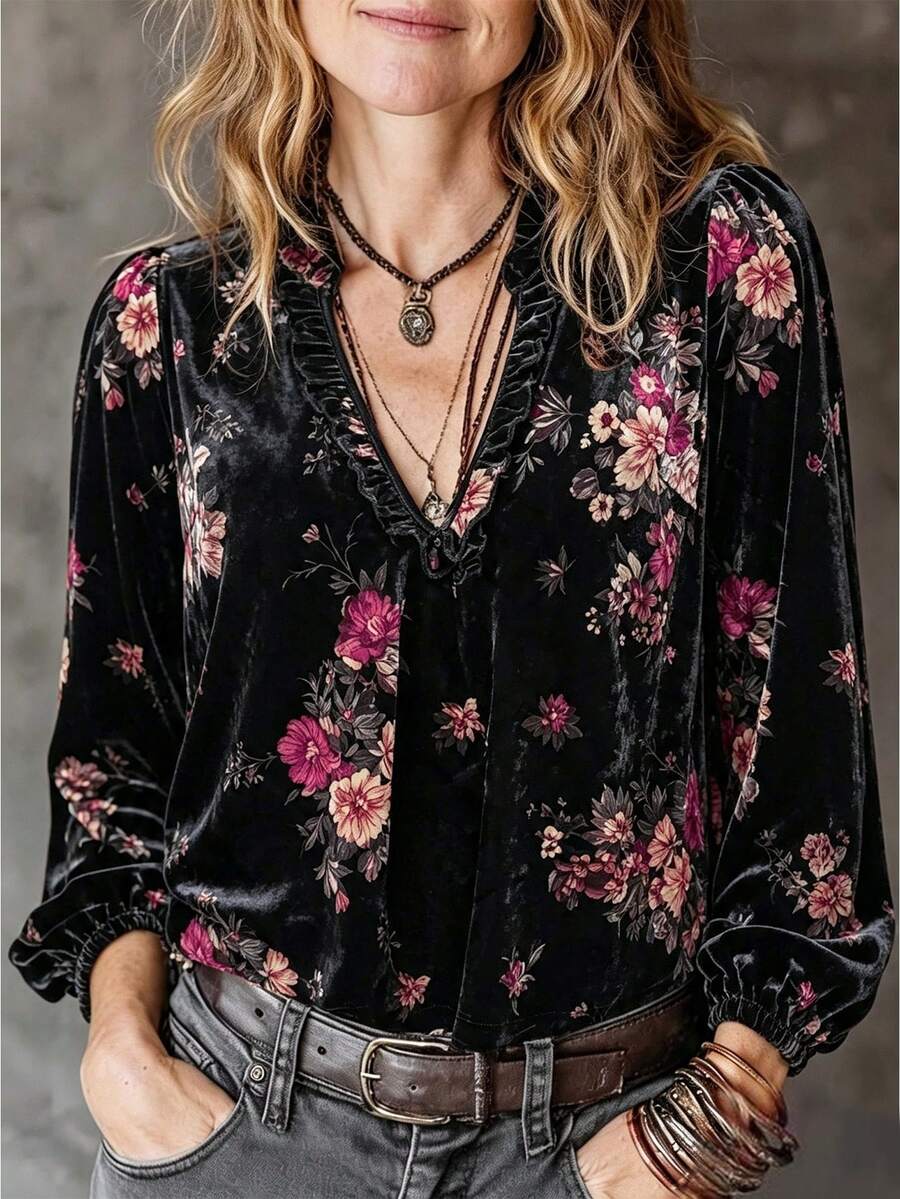 Linhara CURVE Plus Size Lady's Velvet Casual Printed Shirt - Black - View 1
