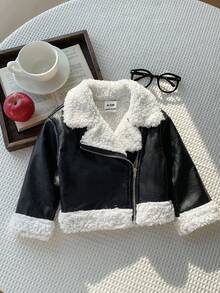 SHEIN 女嬰秋冬可愛百搭拼色保暖內裡人造毛外套 - 黑色 - 查看 6