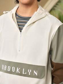 Whitmere Men's Hooded Color Block Half-Zip Jacket With Letter Embroidery, Casual Streetwear Sports Coat - Olive Green - View 7
