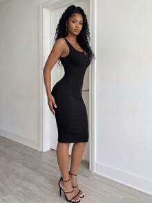 BamGleam Ladies' Solid Color Simple Daily Cami Dress Maxi Women Outfit Women Black Dress - Black - View 3