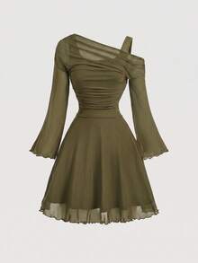 SHEIN MOD Women's Solid Color Asymmetric Collar Flared Sleeve Fashion Mesh Mini Dress - Army Green - View 5