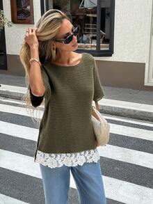 Serisse Women's Round Neck Short Sleeve Contrast Lace Hem Knit Top - Army Green - View 1