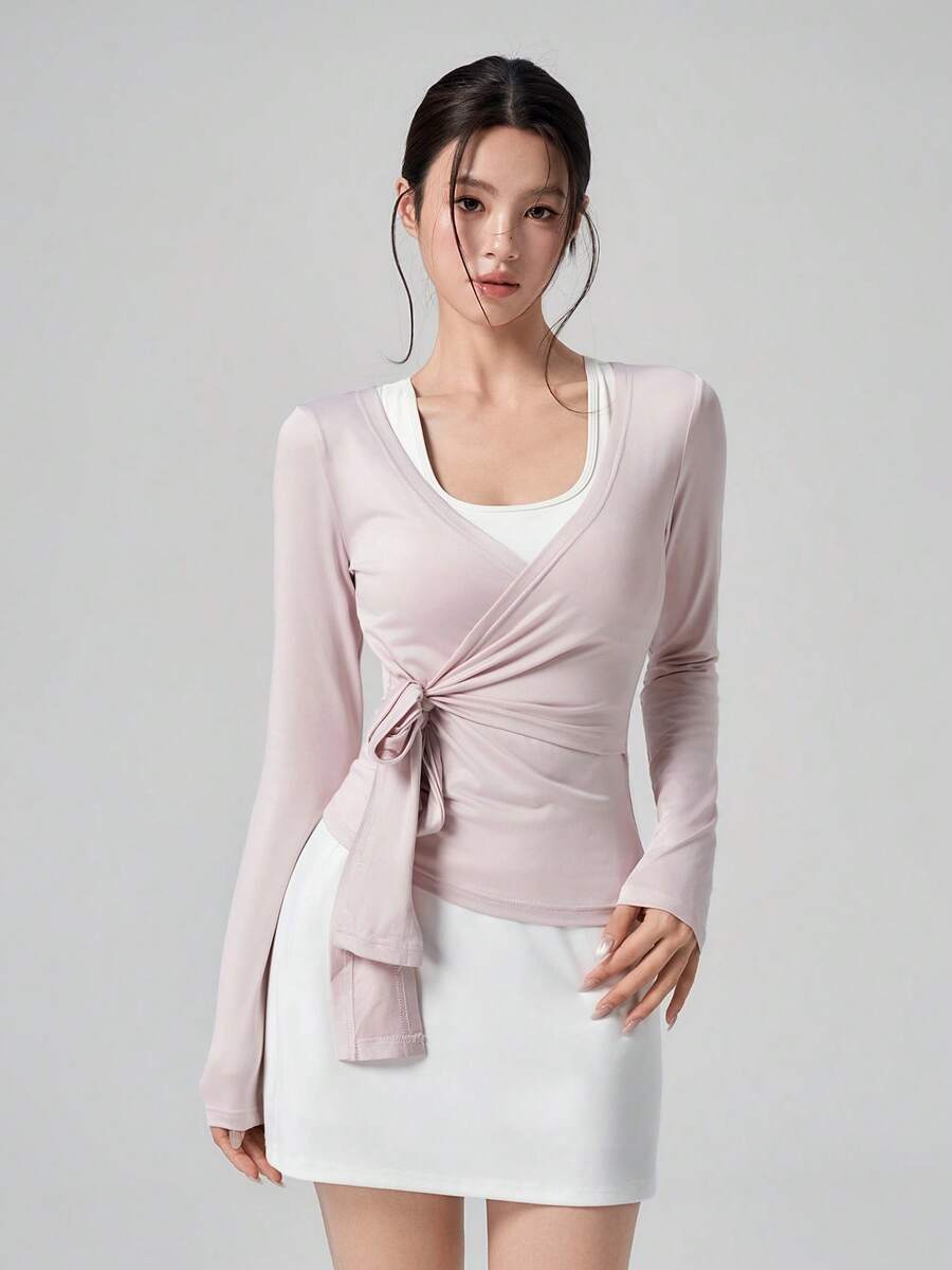 DAZY 女款夏季韓風側綁結粉色短版上衣,休閒度假戶外街頭居家修身運動T恤 - 粉色 - 查看 1