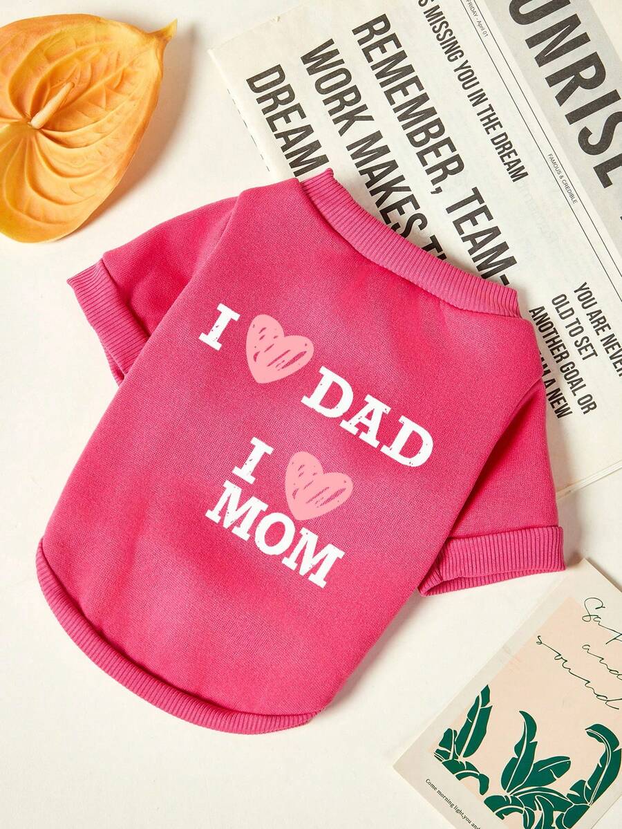 PETSIN 1pc White L ♡ MOM And L ♡ DAD Letter Printed Pet Casual Style Rose Red Thick Warm And Soft Comfortable Pet Clothing - Hot Pink - View 1