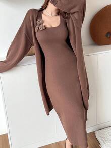 Feyla New Slouchy Long Cardigan Sweater & Floral Tank Top 2 Pieces Set, Autumn/Winter - Brown - View 3
